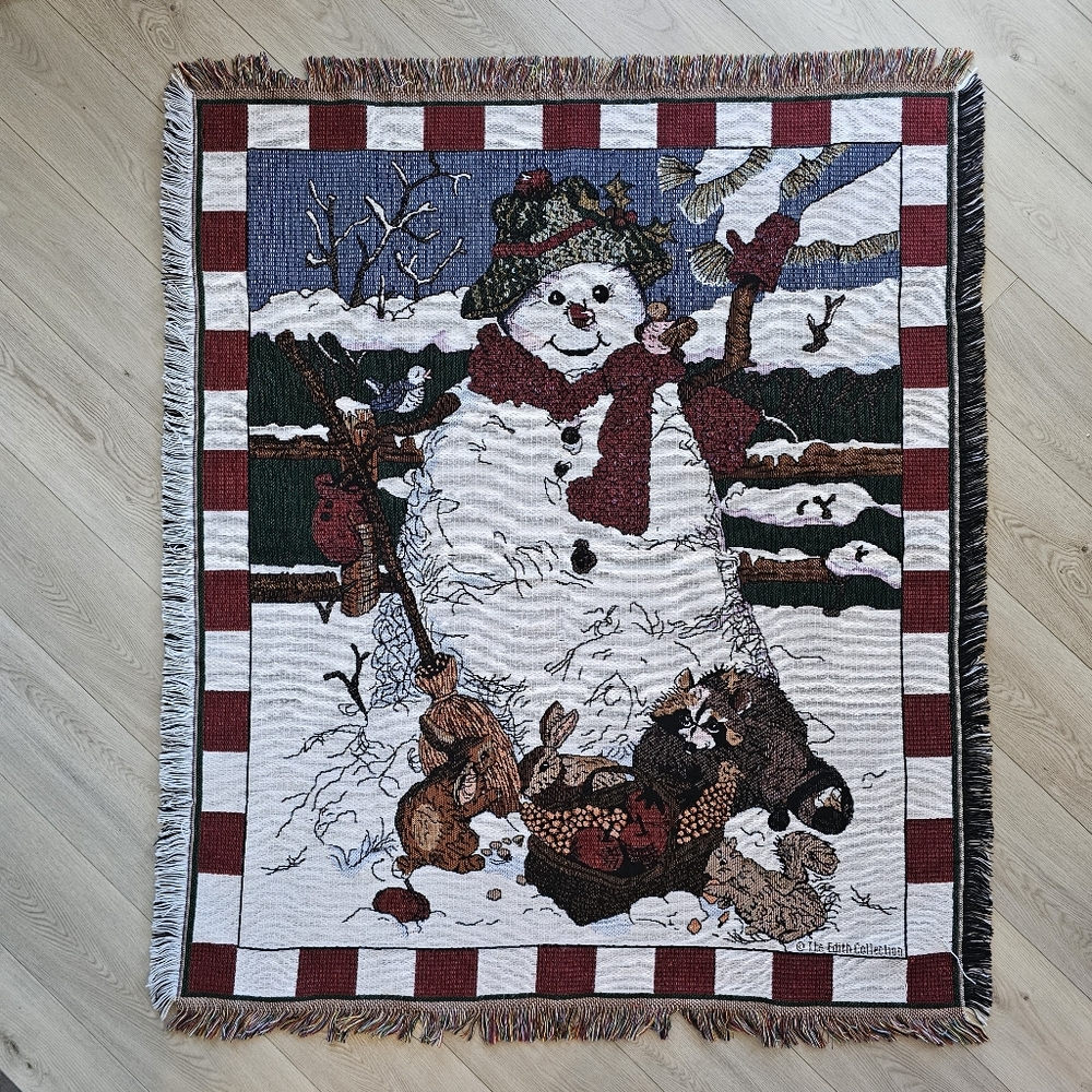 Vintage 90s Goodwin Weavers Snowman Christmas Fringe Tapestry Throw